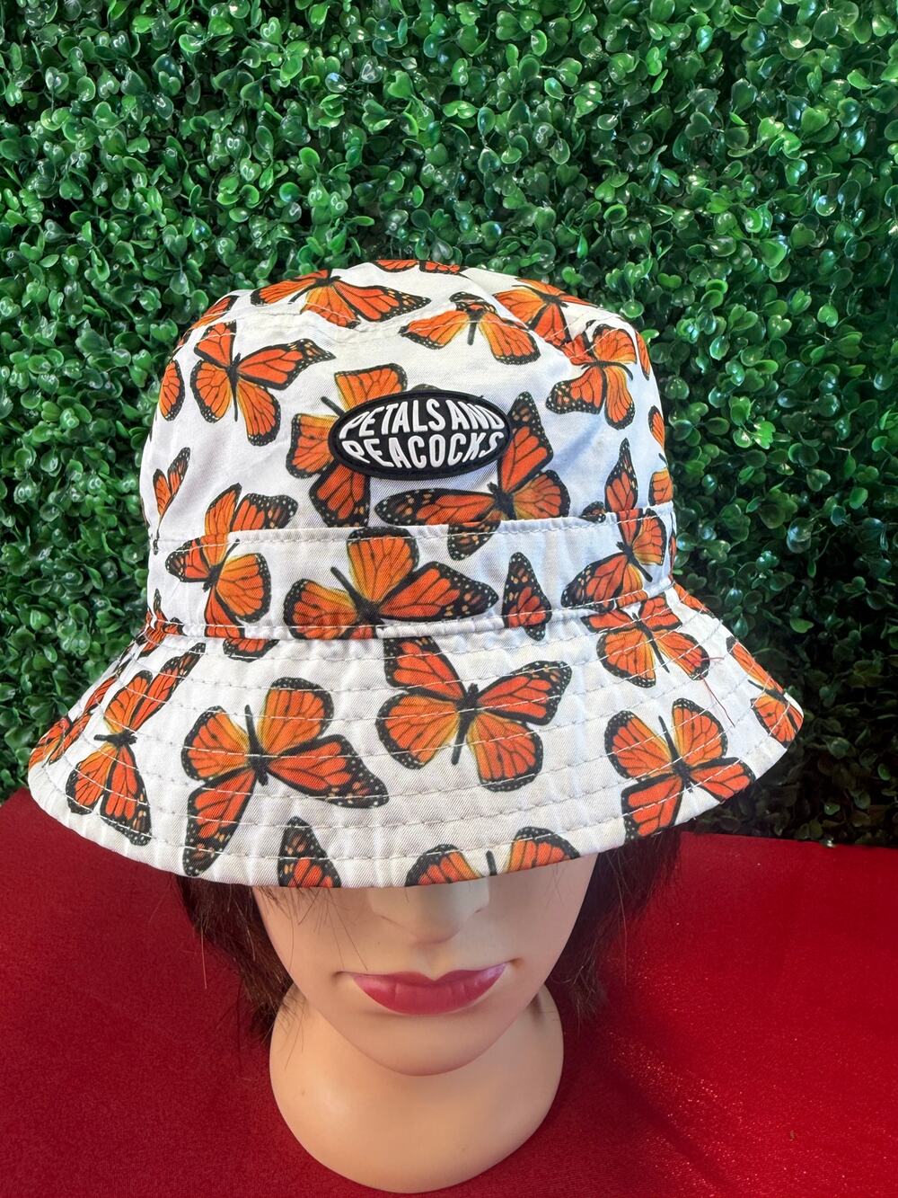 Petals and Peacocks Bucket Hat Orange Butterfly Print Festival Streetwear Rare